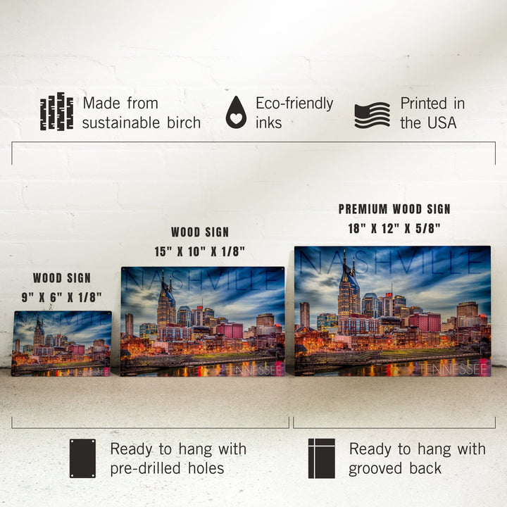 Nashville, Tennesseee, Colorful Skyline, Lantern Press Photography, Wood Signs and Postcards Wood Lantern Press