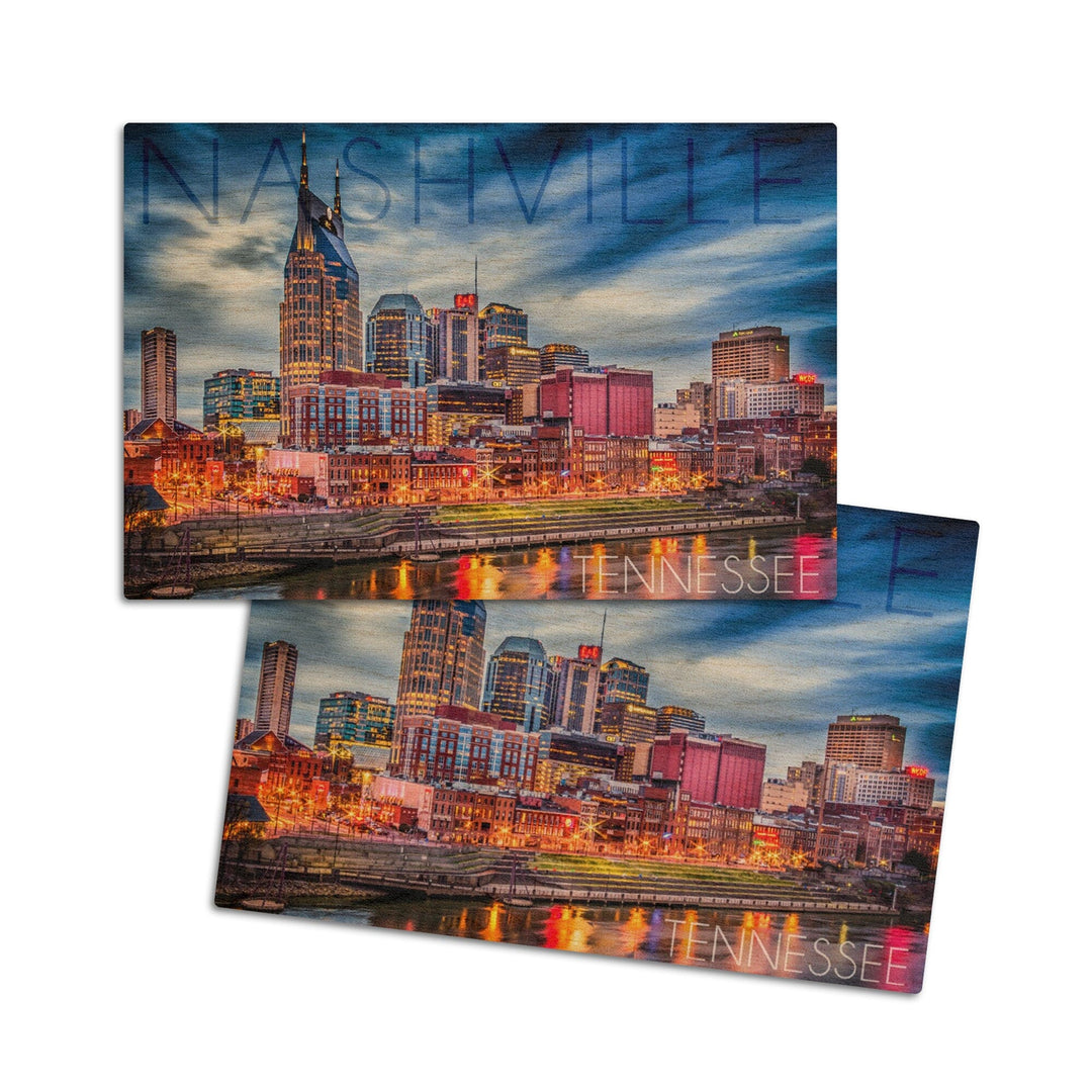 Nashville, Tennesseee, Colorful Skyline, Lantern Press Photography, Wood Signs and Postcards Wood Lantern Press 4x6 Wood Postcard Set