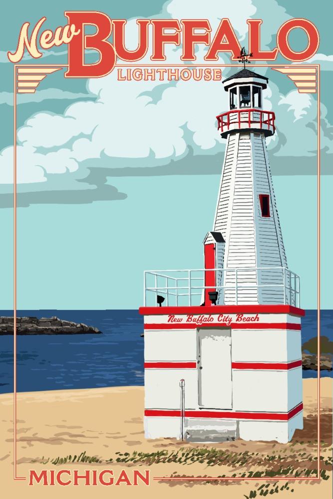New Buffalo, Michigan, New Buffalo Lighthouse, Lantern Press Artwork, Art Prints and Metal Signs Art Lantern Press 12 x 18 Art Print