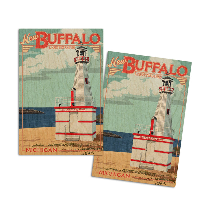 New Buffalo, Michigan, New Buffalo Lighthouse, Lantern Press Artwork, Wood Signs and Postcards Wood Lantern Press 4x6 Wood Postcard Set