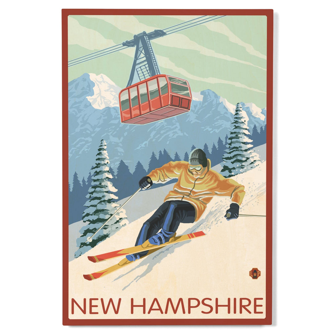 New Hampshire, Skier and Tram, Lantern Press Artwork, Wood Signs and Postcards Wood Lantern Press