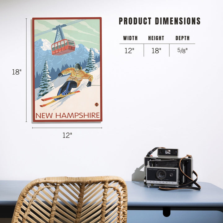 New Hampshire, Skier and Tram, Lantern Press Artwork, Wood Signs and Postcards Wood Lantern Press