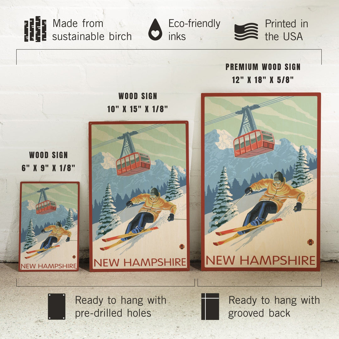 New Hampshire, Skier and Tram, Lantern Press Artwork, Wood Signs and Postcards Wood Lantern Press