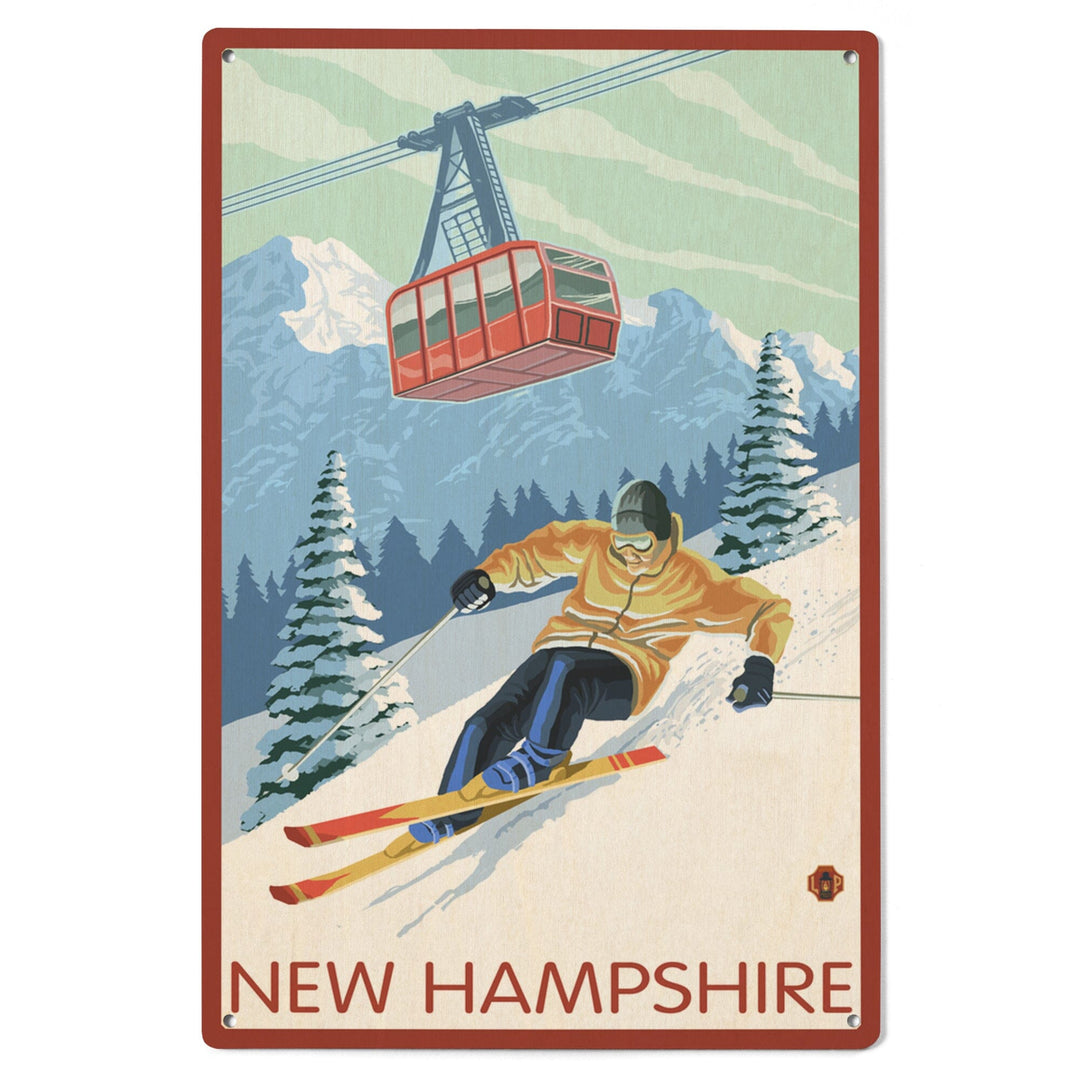 New Hampshire, Skier and Tram, Lantern Press Artwork, Wood Signs and Postcards Wood Lantern Press