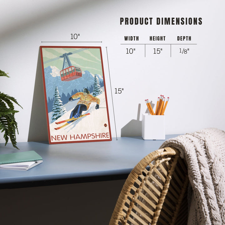 New Hampshire, Skier and Tram, Lantern Press Artwork, Wood Signs and Postcards Wood Lantern Press