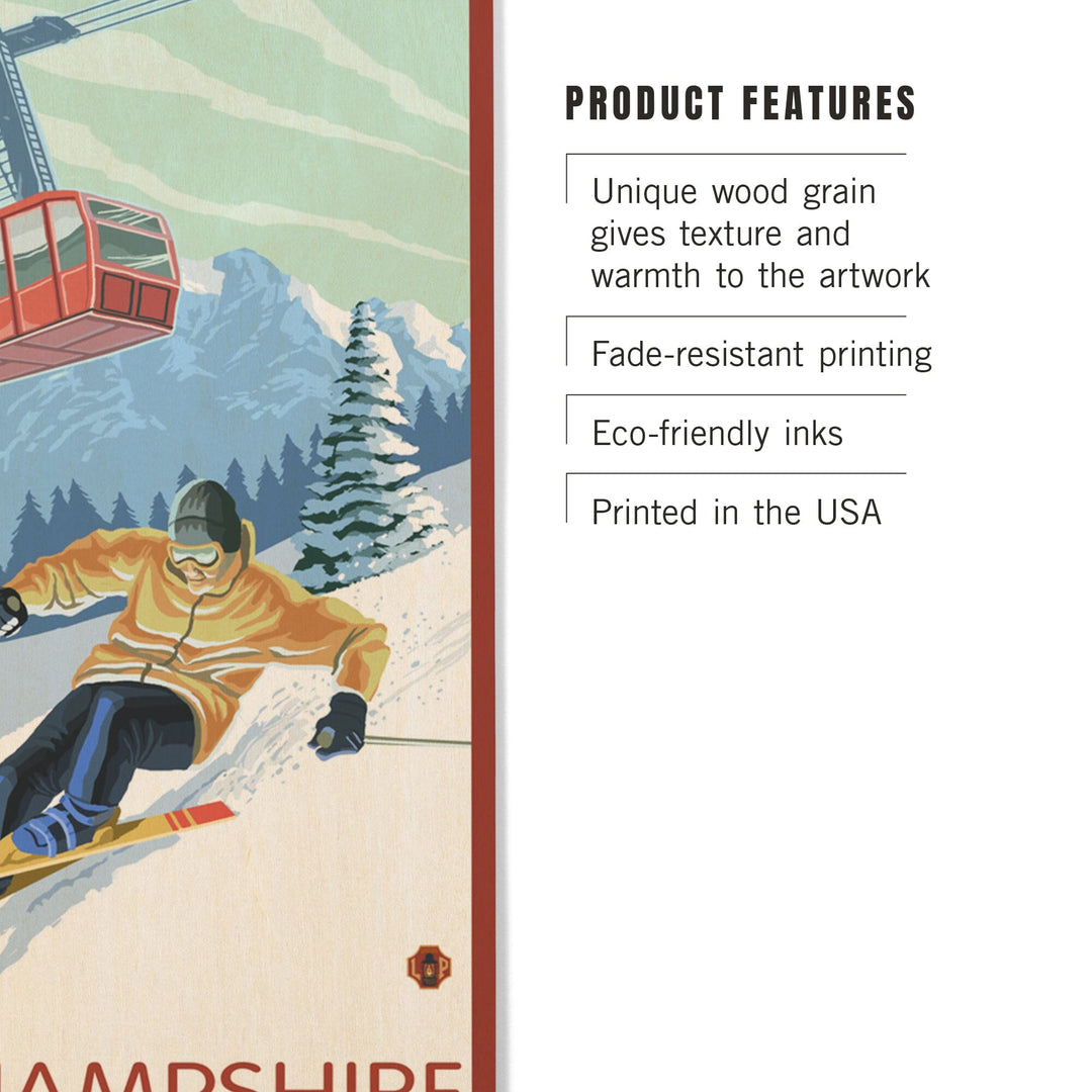 New Hampshire, Skier and Tram, Lantern Press Artwork, Wood Signs and Postcards Wood Lantern Press