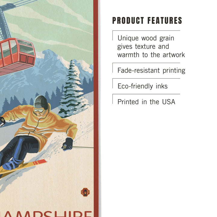 New Hampshire, Skier and Tram, Lantern Press Artwork, Wood Signs and Postcards Wood Lantern Press