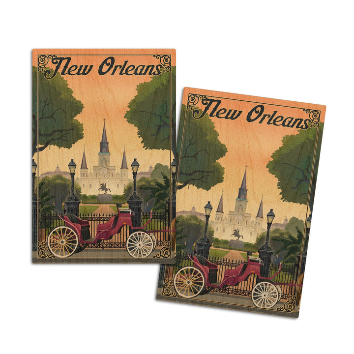 New Orleans, Louisiana, Litho, Lantern Press Artwork, Wood Signs and Postcards Wood Lantern Press 4x6 Wood Postcard Set