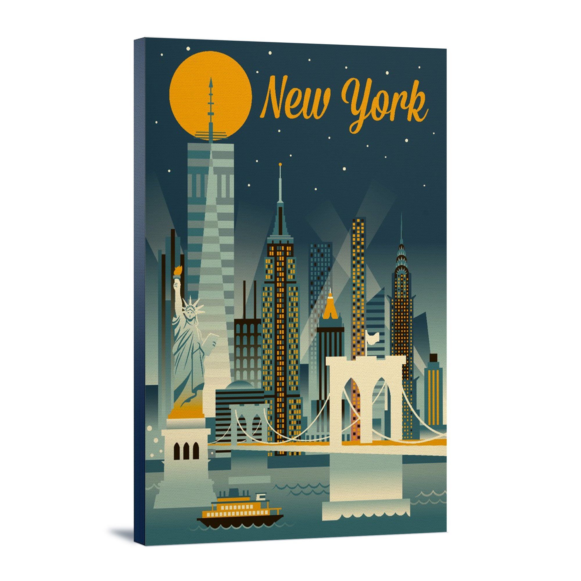 New York City, Retro Skyline Series, Lantern Press Artwork, Stretched Canvas