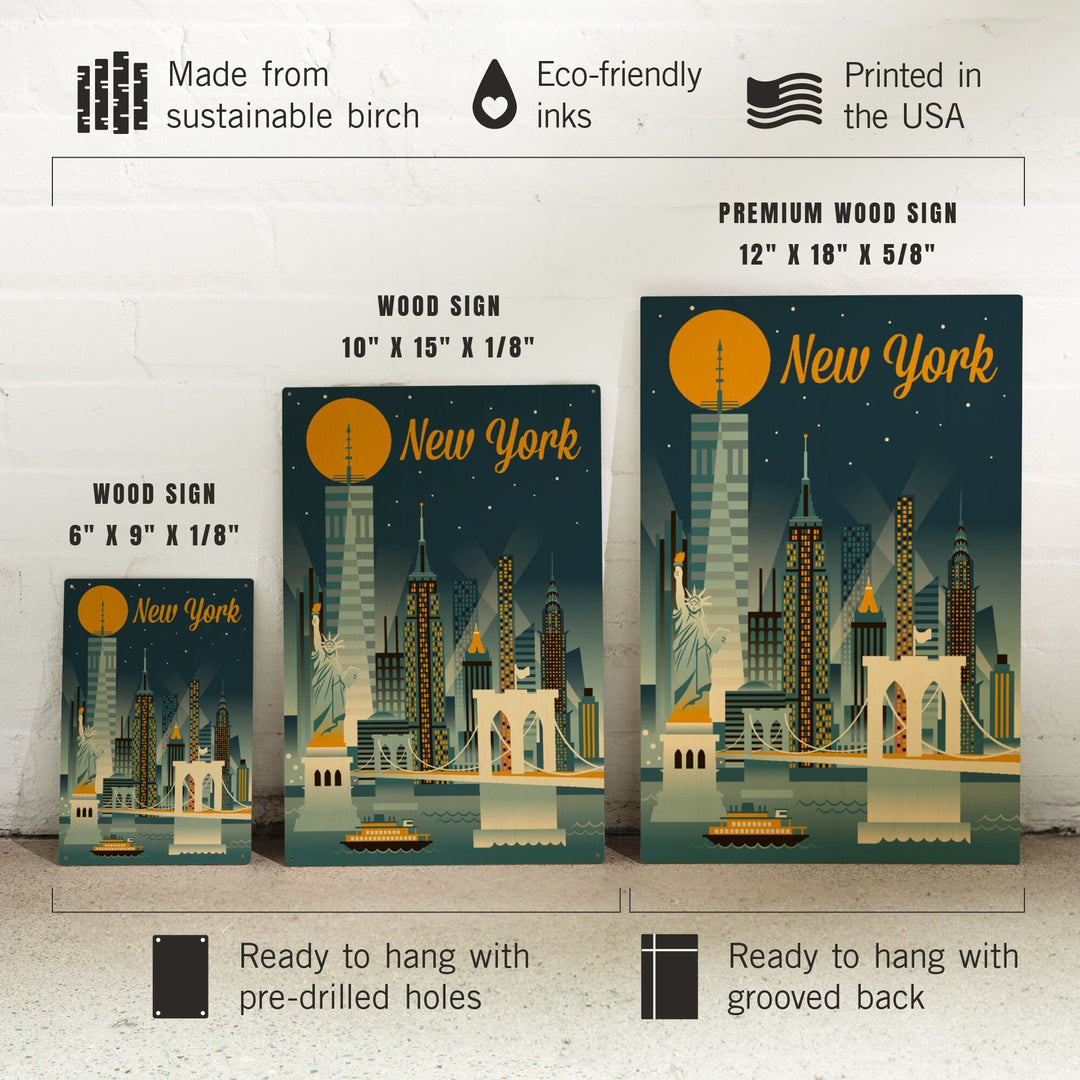 New York City, Retro Skyline Series, Lantern Press Artwork, Wood Signs and Postcards Wood Lantern Press