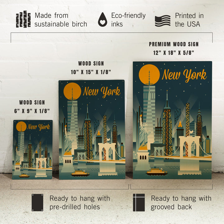 New York City, Retro Skyline Series, Lantern Press Artwork, Wood Signs and Postcards Wood Lantern Press
