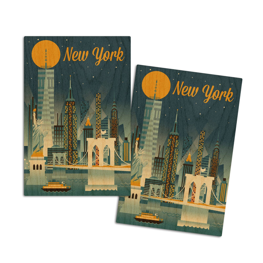 New York City, Retro Skyline Series, Lantern Press Artwork, Wood Signs and Postcards Wood Lantern Press 4x6 Wood Postcard Set