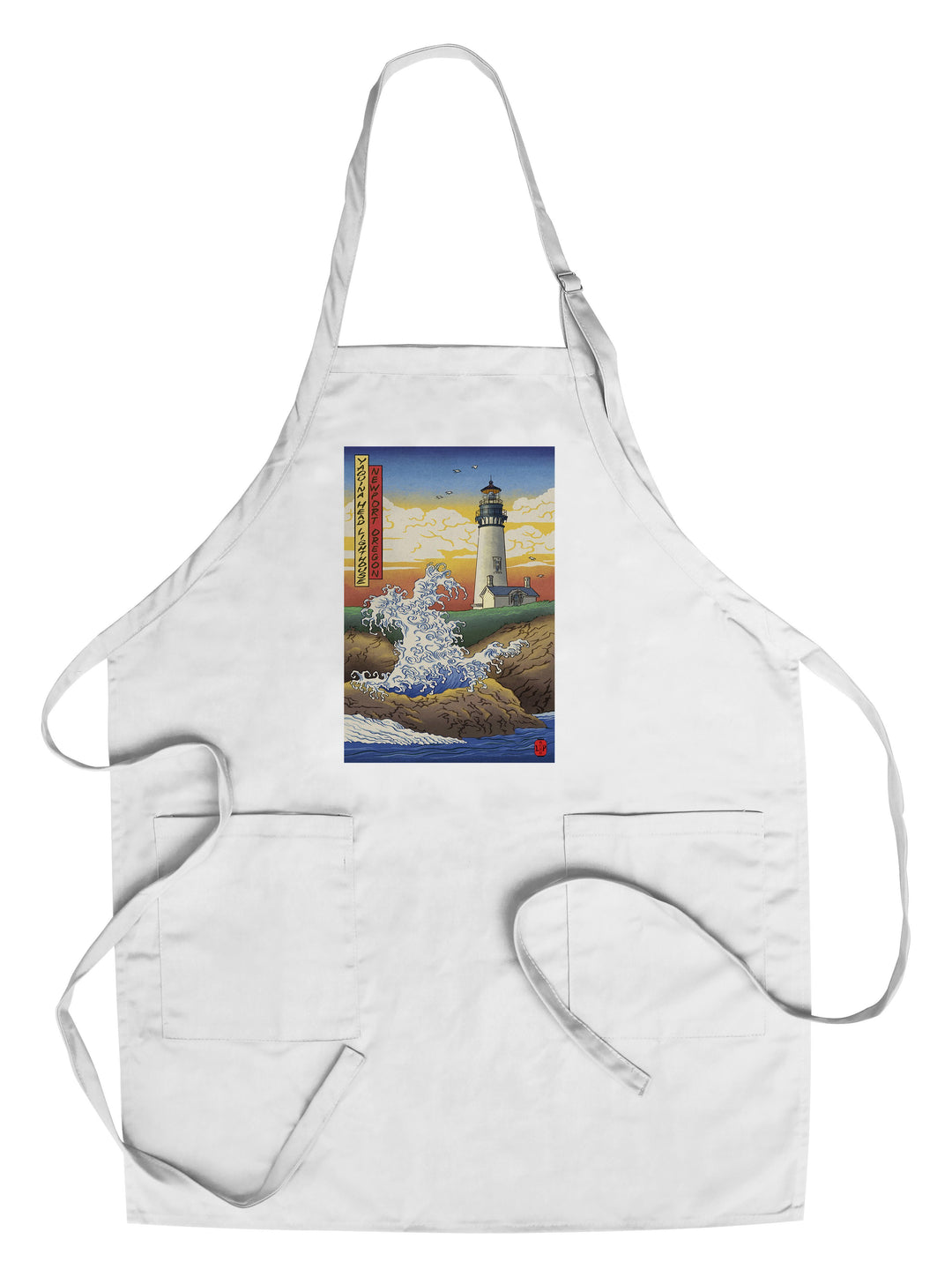 Newport, Oregon, Yaquina Head Lighthouse Woodblock, Lantern Press Poster, Towels and Aprons Kitchen Lantern Press Chef's Apron
