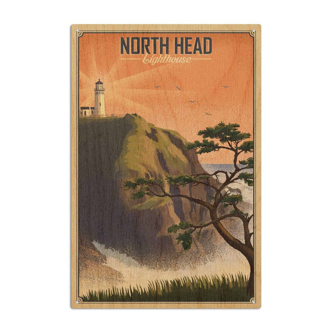 North Head Lighthouse, Lithograph, Lantern Press Artwork, Wood Signs and Postcards Wood Lantern Press 6x9 Wood Sign