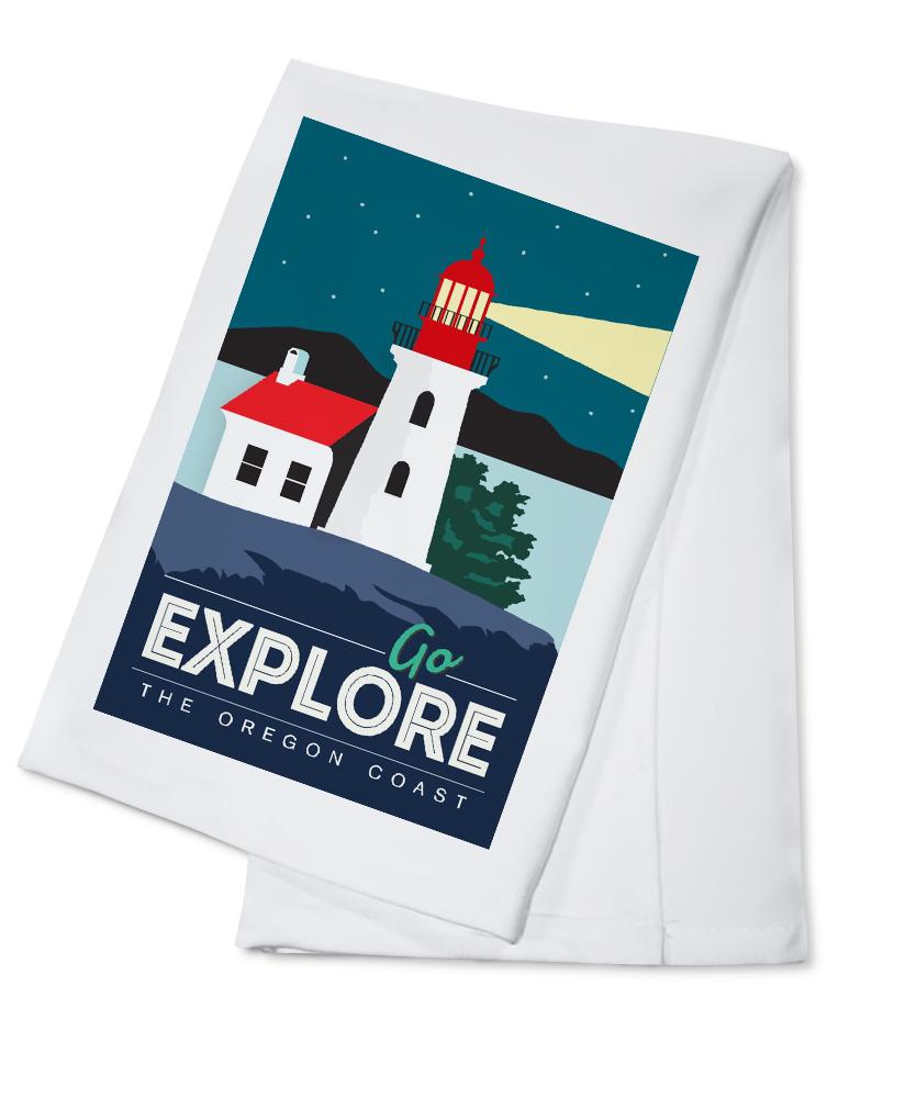 Oregon Coast, Go Explore (Lighthouse), Lantern Press Artwork, Towels and Aprons Kitchen Lantern Press Cotton Towel