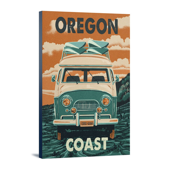 Oregon Coast, Letterpress, Camper Van, Lantern Press Artwork, Stretched Canvas Canvas Lantern Press 12x18 Stretched Canvas