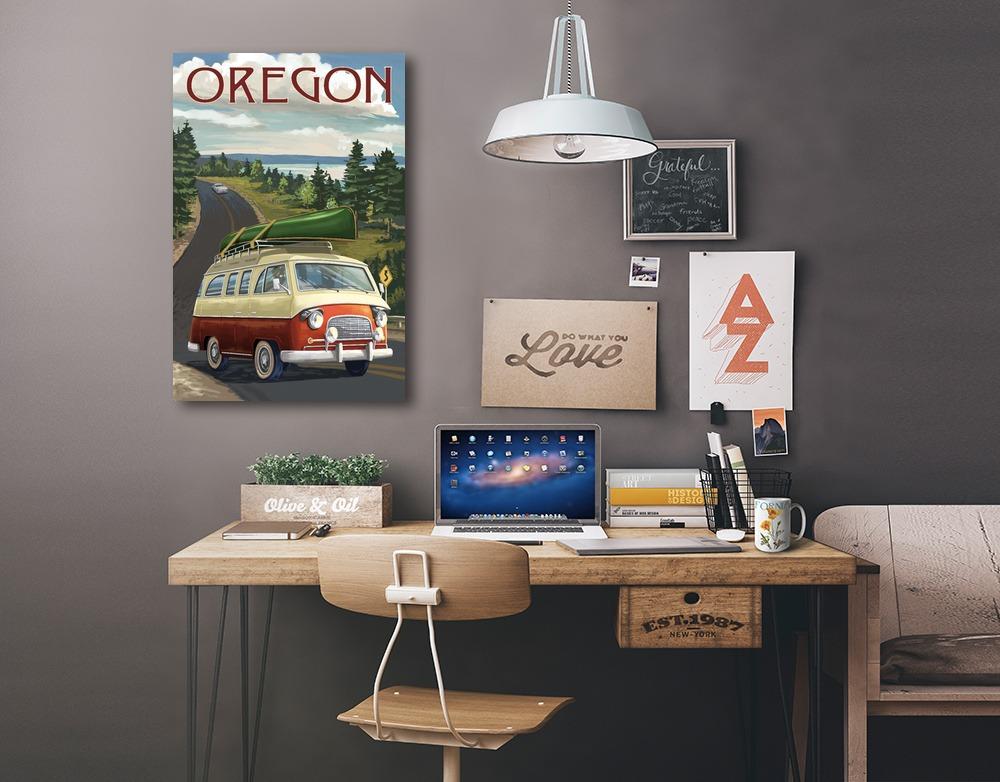 Oregon, LP Camper Van & Lake, Lantern Press Artwork, Stretched Canvas Canvas Lantern Press