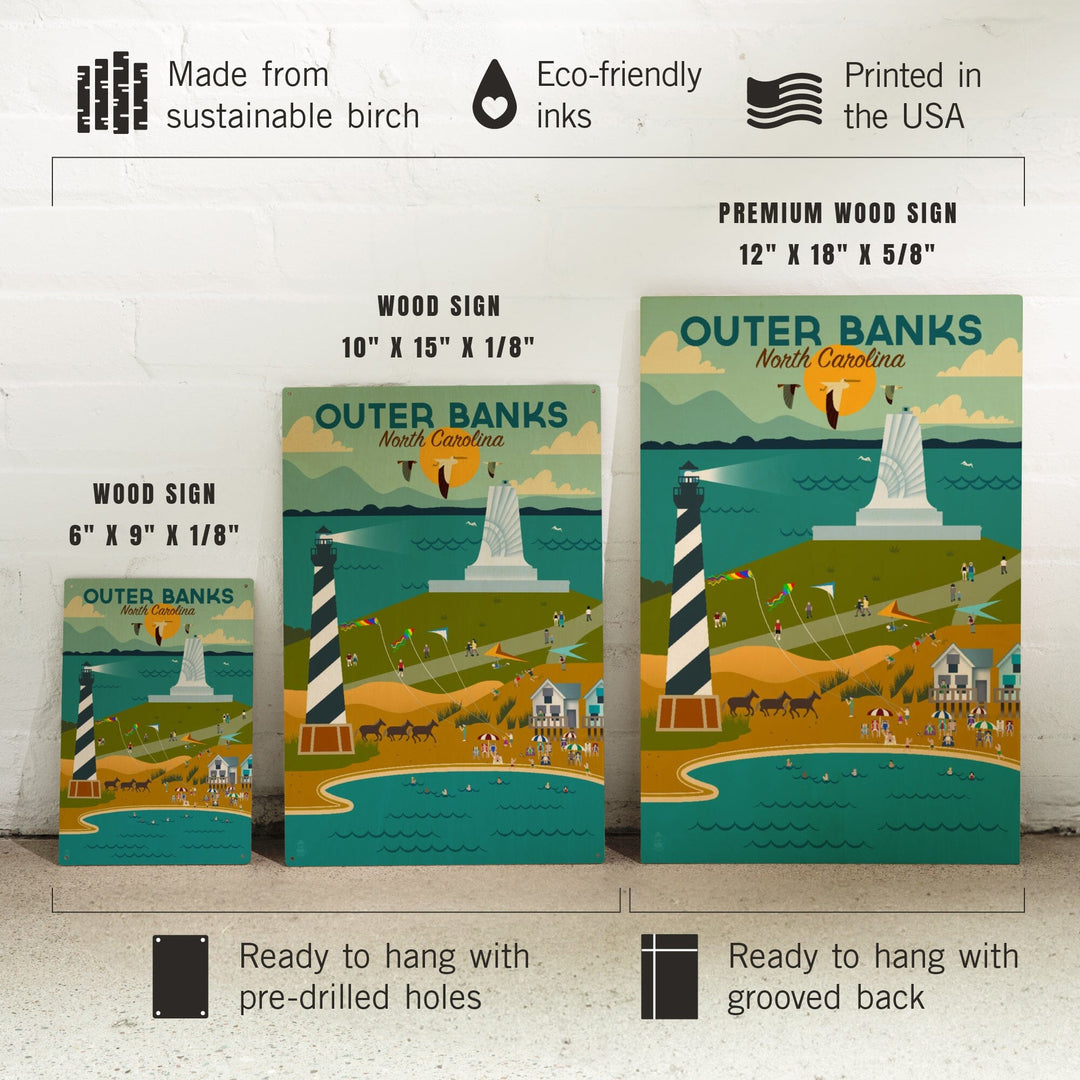 Outer Banks, North Carolina, Beach, Ocean, & Lighthouse, Geometric, Lantern Press Artwork, Wood Signs and Postcards Wood Lantern Press