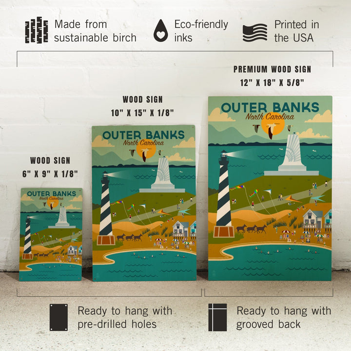 Outer Banks, North Carolina, Beach, Ocean, & Lighthouse, Geometric, Lantern Press Artwork, Wood Signs and Postcards Wood Lantern Press