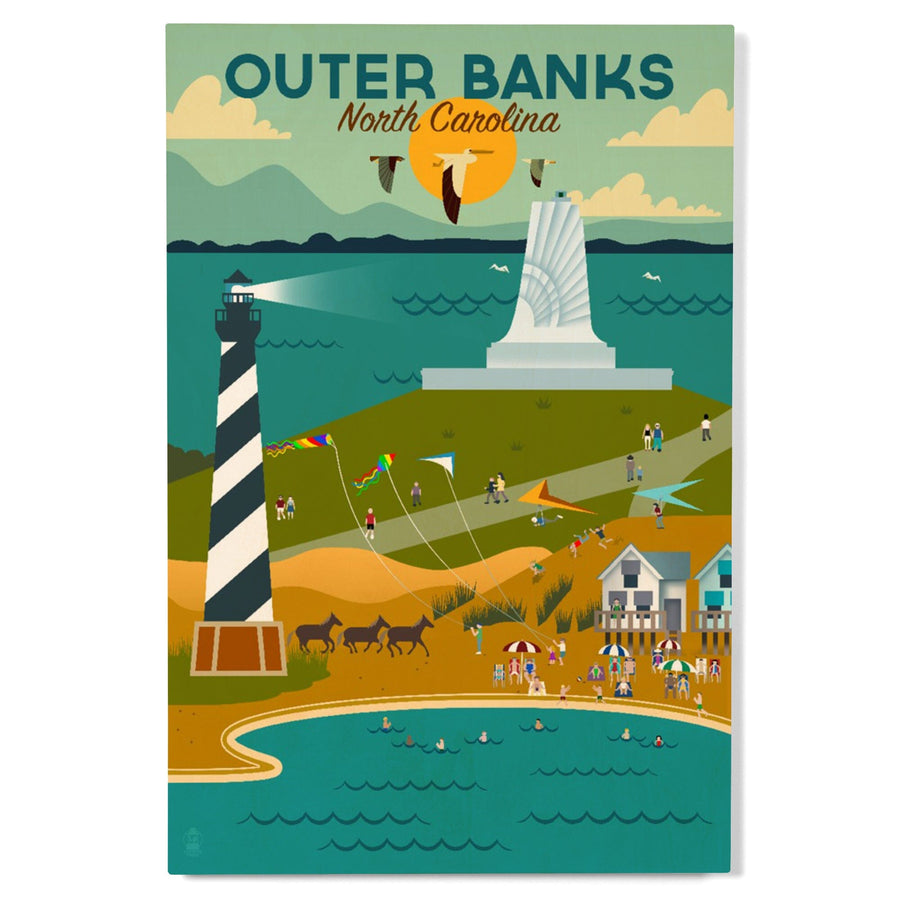 Outer Banks, North Carolina, Beach, Ocean, & Lighthouse, Geometric, Lantern Press Artwork, Wood Signs and Postcards Wood Lantern Press