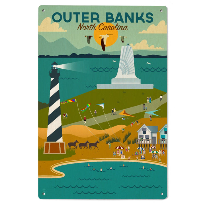Outer Banks, North Carolina, Beach, Ocean, & Lighthouse, Geometric, Lantern Press Artwork, Wood Signs and Postcards Wood Lantern Press