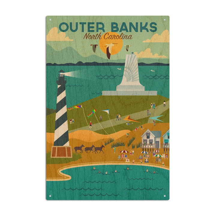 Outer Banks, North Carolina, Beach, Ocean, & Lighthouse, Geometric, Lantern Press Artwork, Wood Signs and Postcards Wood Lantern Press 6x9 Wood Sign