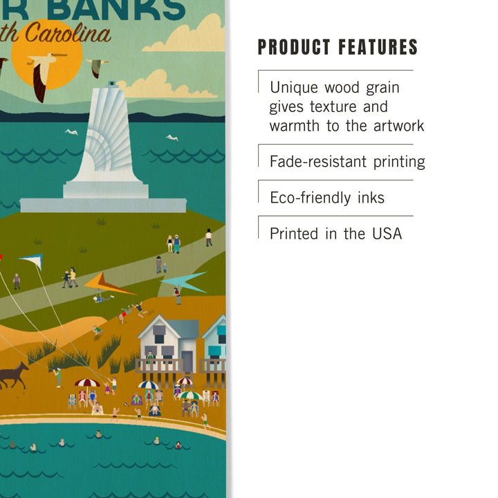 Outer Banks, North Carolina, Beach, Ocean, & Lighthouse, Geometric, Lantern Press Artwork, Wood Signs and Postcards Wood Lantern Press