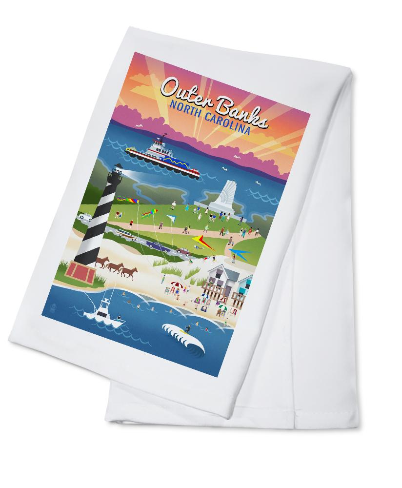 Outer Banks, North Carolina, Retro Scenes, Lantern Press Artwork, Towels and Aprons Kitchen Lantern Press Cotton Towel