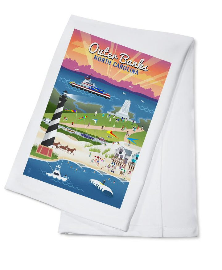 Outer Banks, North Carolina, Retro Scenes, Lantern Press Artwork, Towels and Aprons Kitchen Lantern Press Cotton Towel