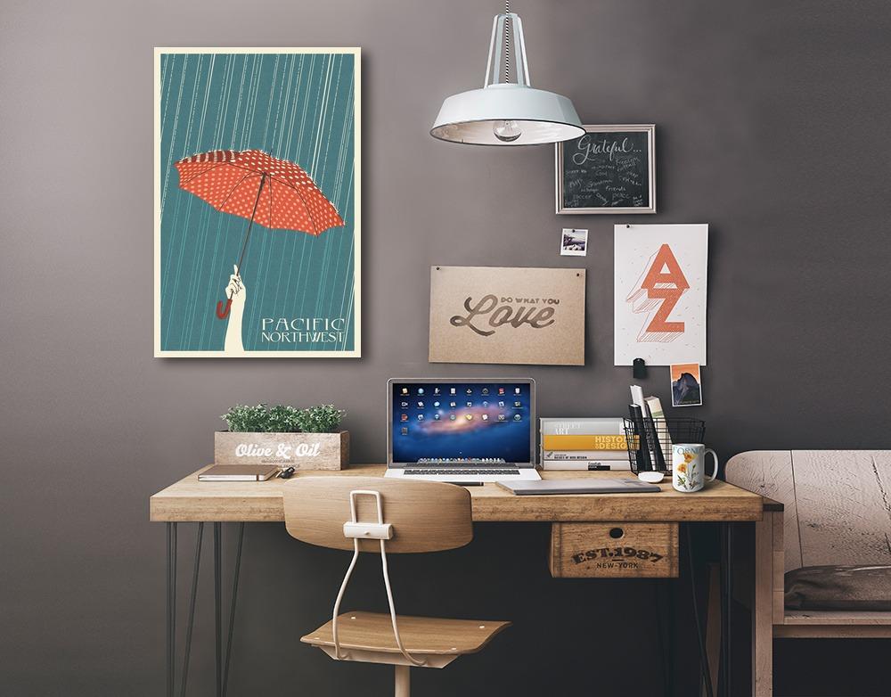 Pacific Northwest, Washington, Umbrella Letterpress, Lantern Press Artwork, Stretched Canvas Canvas Lantern Press