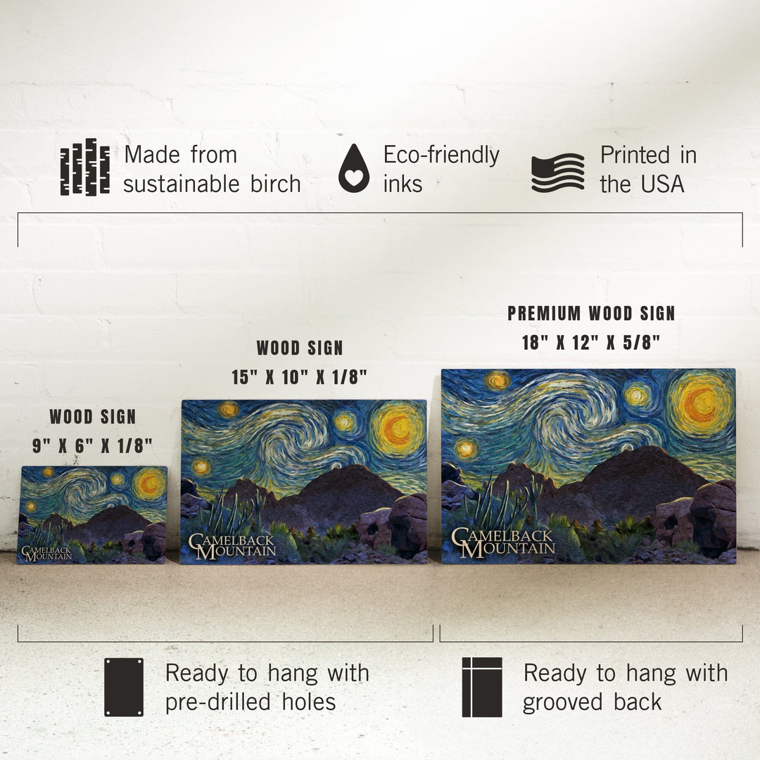 Phoenix, Arizona, Camelback Mountain, Starry Night, Lantern Press Artwork, Wood Signs and Postcards Wood Lantern Press