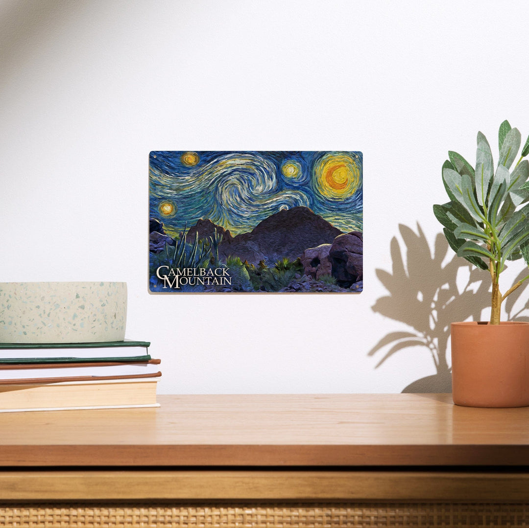 Phoenix, Arizona, Camelback Mountain, Starry Night, Lantern Press Artwork, Wood Signs and Postcards Wood Lantern Press