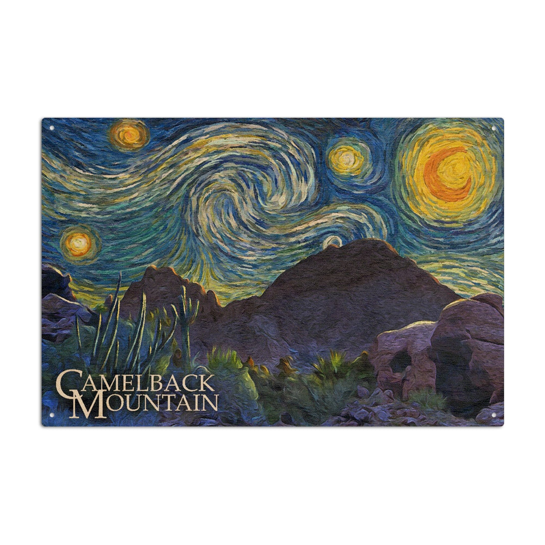 Phoenix, Arizona, Camelback Mountain, Starry Night, Lantern Press Artwork, Wood Signs and Postcards Wood Lantern Press 6x9 Wood Sign