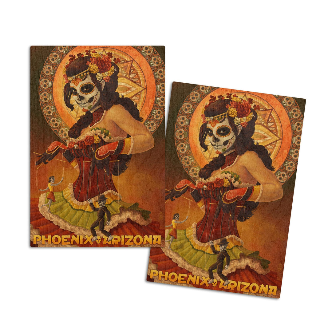 Phoenix, Arizona, Day of the Dead Marionettes, Lantern Press Artwork, Wood Signs and Postcards Wood Lantern Press 4x6 Wood Postcard Set