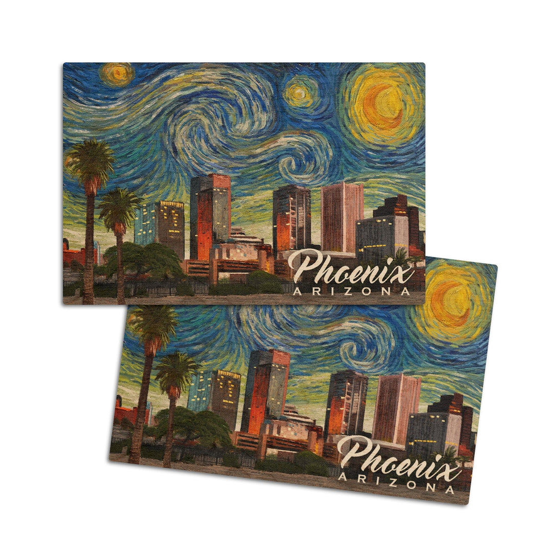 Phoenix, Arizona, Starry Night Series, Lantern Press Artwork, Wood Signs and Postcards Wood Lantern Press 4x6 Wood Postcard Set