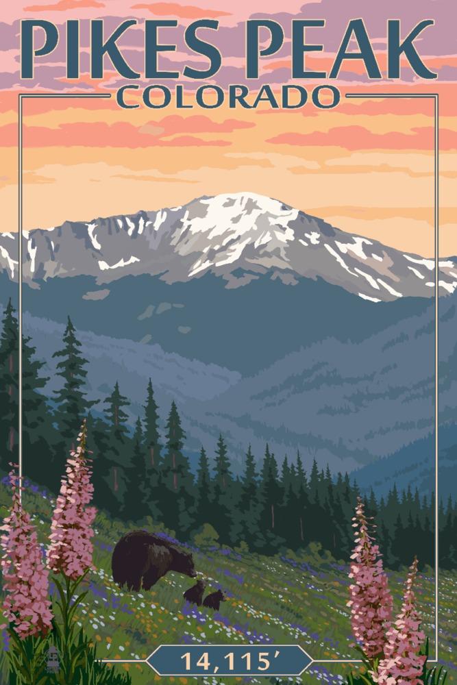 Pikes Peak, Colorado, Bear & Spring Flowers, Lantern Press Artwork, Art Prints and Metal Signs Art Lantern Press 12 x 18 Art Print
