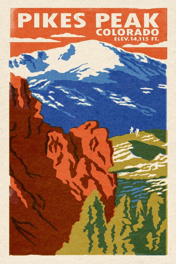 Pikes Peak, Colorado, Woodblock, Lantern Press Artwork, Art Prints and Metal Signs Art Lantern Press 12 x 18 Art Print
