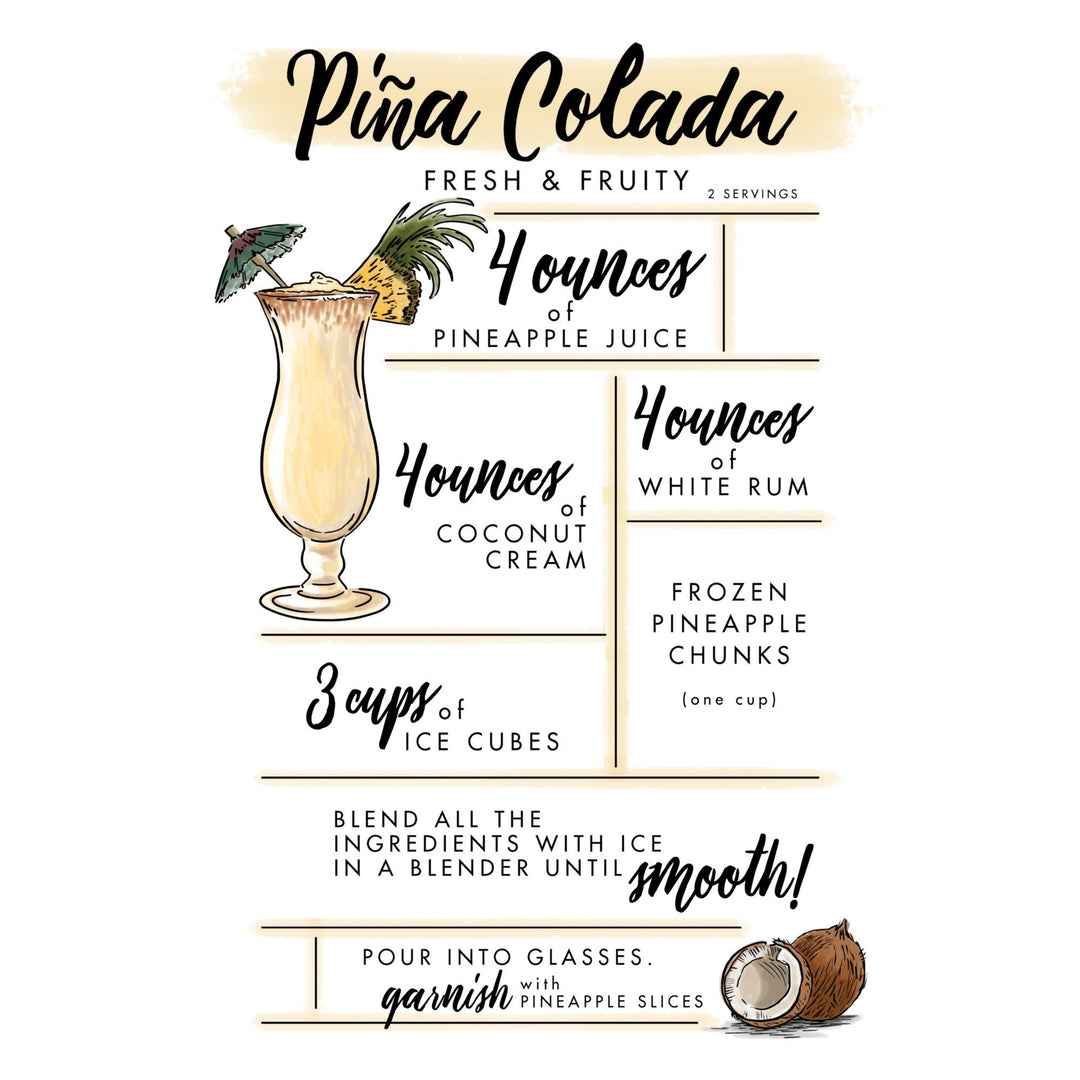 Pina Colada, Cocktail Recipe, Lantern Press Artwork, Stretched Canvas Canvas Lantern Press