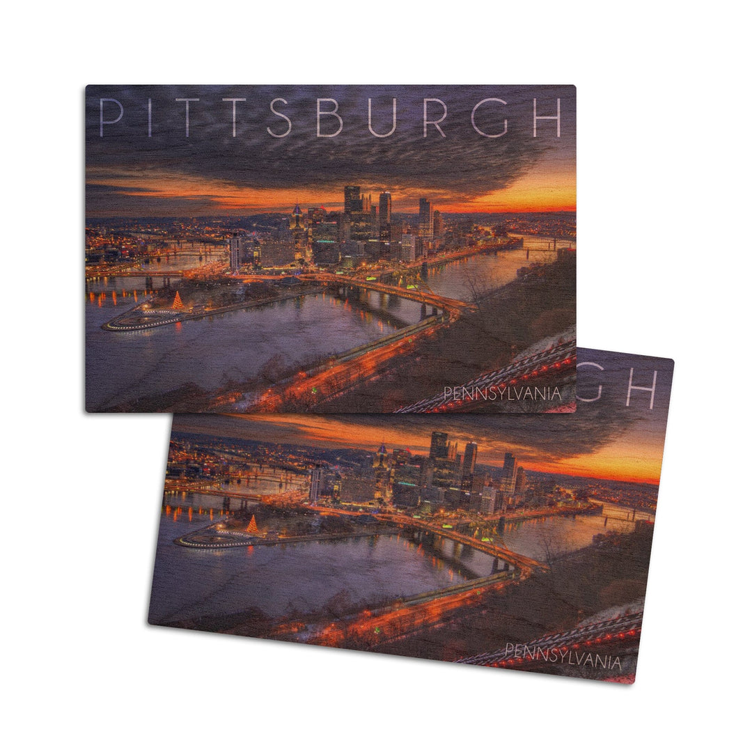 Pittsburgh, Pennsylvania, Winter Sunrise, Lantern Press Photography, Wood Signs and Postcards Wood Lantern Press 4x6 Wood Postcard Set
