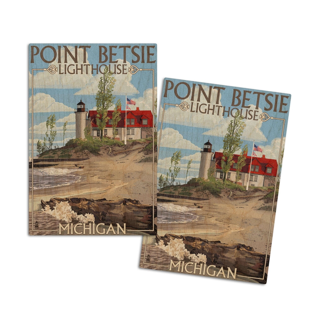 Point Betsie Lighthouse, Michigan, Lantern Press Artwork, Wood Signs and Postcards Wood Lantern Press 4x6 Wood Postcard Set