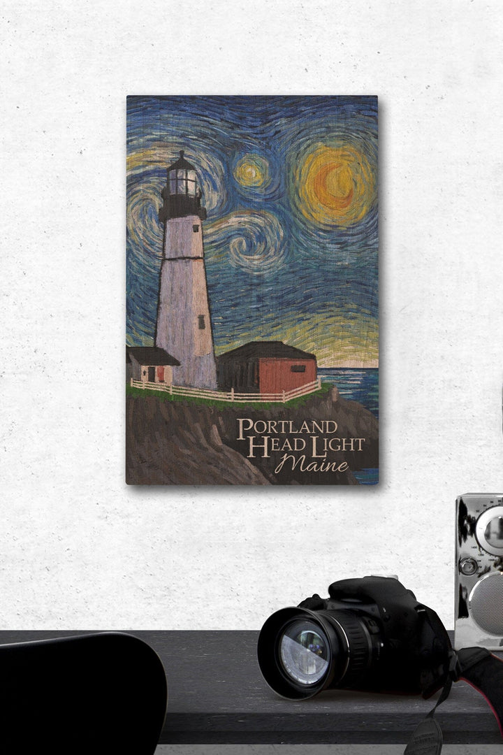 Portland Head Lighthouse, Maine, Starry Night, Lantern Press Artwork, Wood Signs and Postcards Wood Lantern Press 12 x 18 Wood Gallery Print