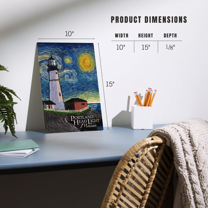 Portland Head Lighthouse, Maine, Starry Night, Lantern Press Artwork, Wood Signs and Postcards Wood Lantern Press