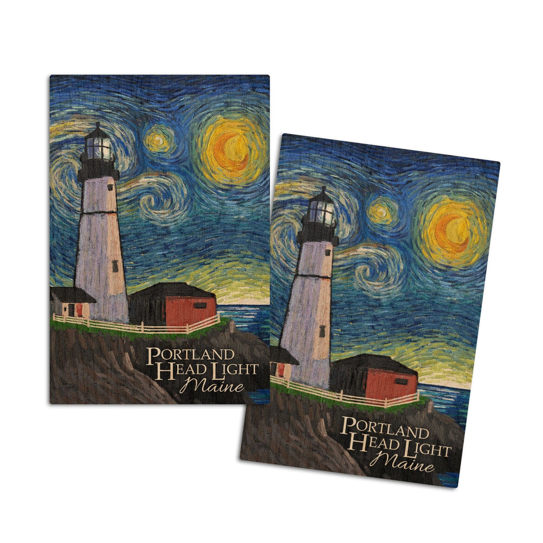 Portland Head Lighthouse, Maine, Starry Night, Lantern Press Artwork, Wood Signs and Postcards Wood Lantern Press 4x6 Wood Postcard Set