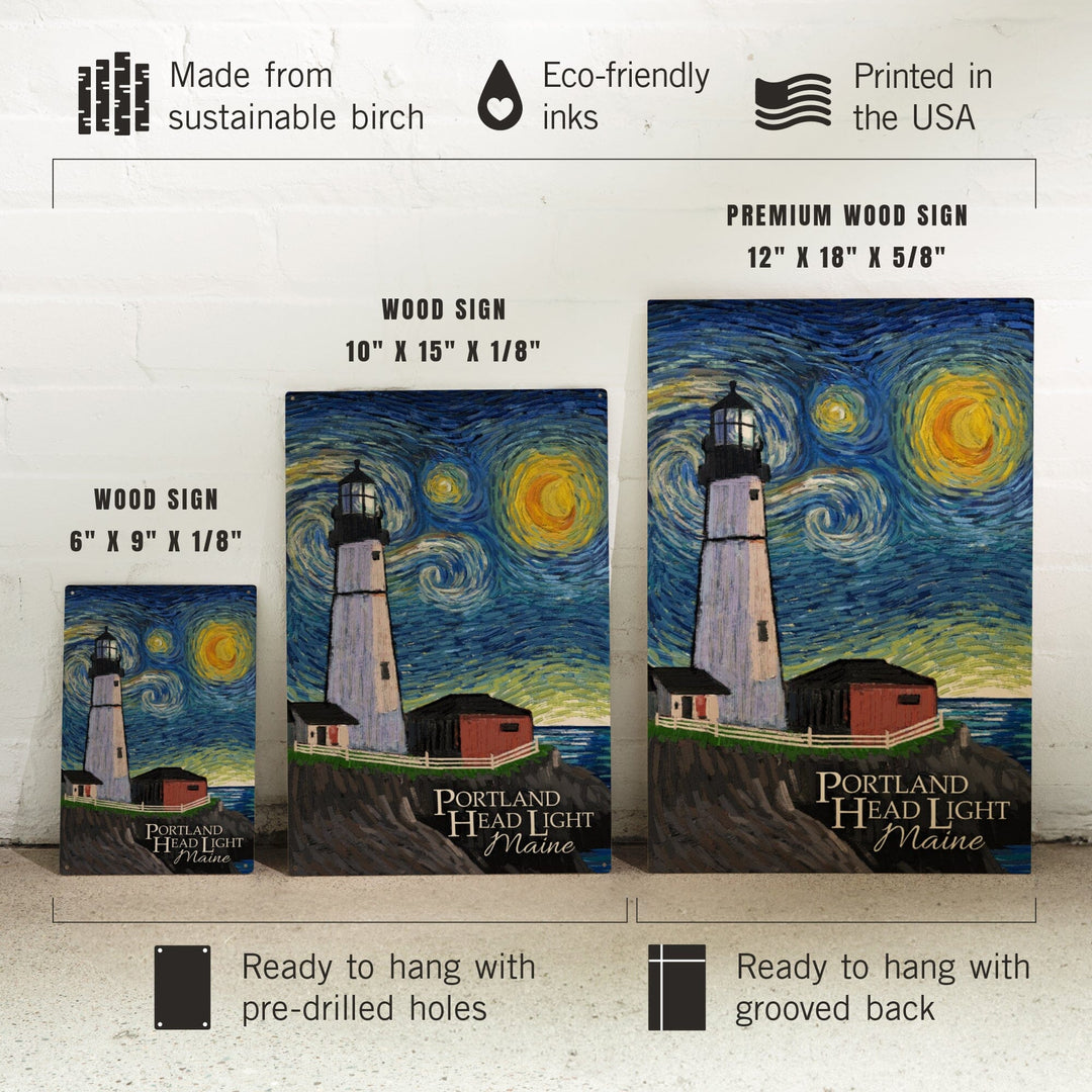 Portland Head Lighthouse, Maine, Starry Night, Lantern Press Artwork, Wood Signs and Postcards Wood Lantern Press