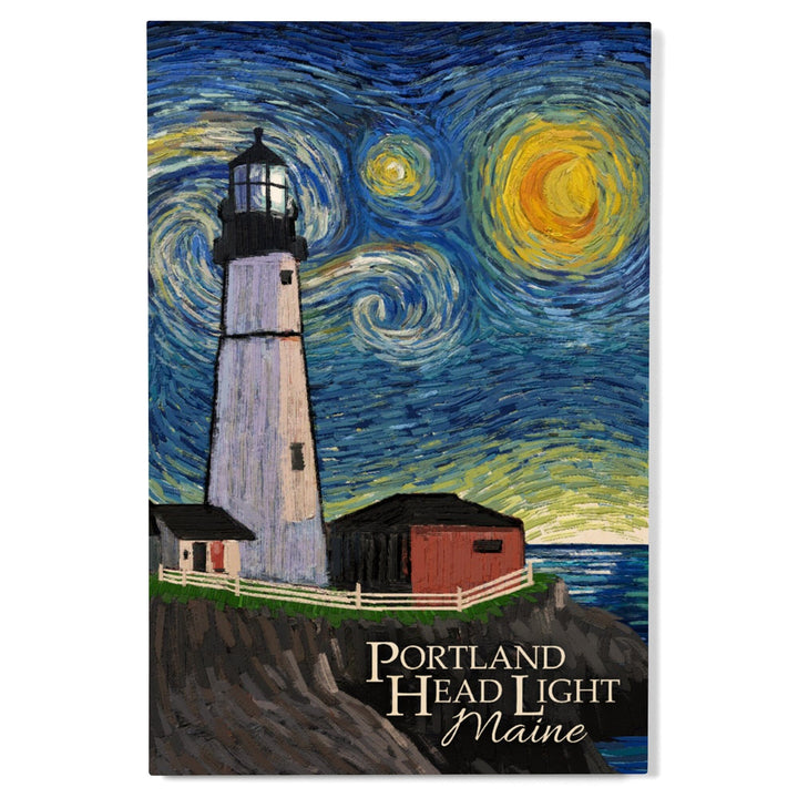 Portland Head Lighthouse, Maine, Starry Night, Lantern Press Artwork, Wood Signs and Postcards Wood Lantern Press