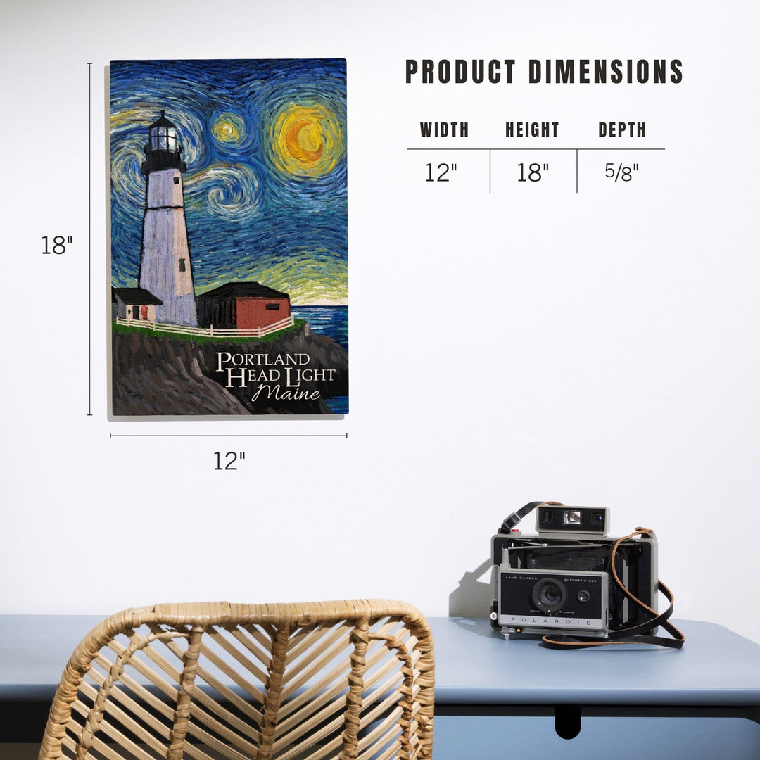 Portland Head Lighthouse, Maine, Starry Night, Lantern Press Artwork, Wood Signs and Postcards Wood Lantern Press