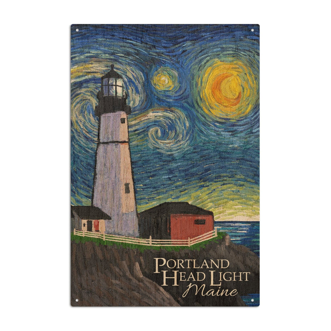 Portland Head Lighthouse, Maine, Starry Night, Lantern Press Artwork, Wood Signs and Postcards Wood Lantern Press 6x9 Wood Sign