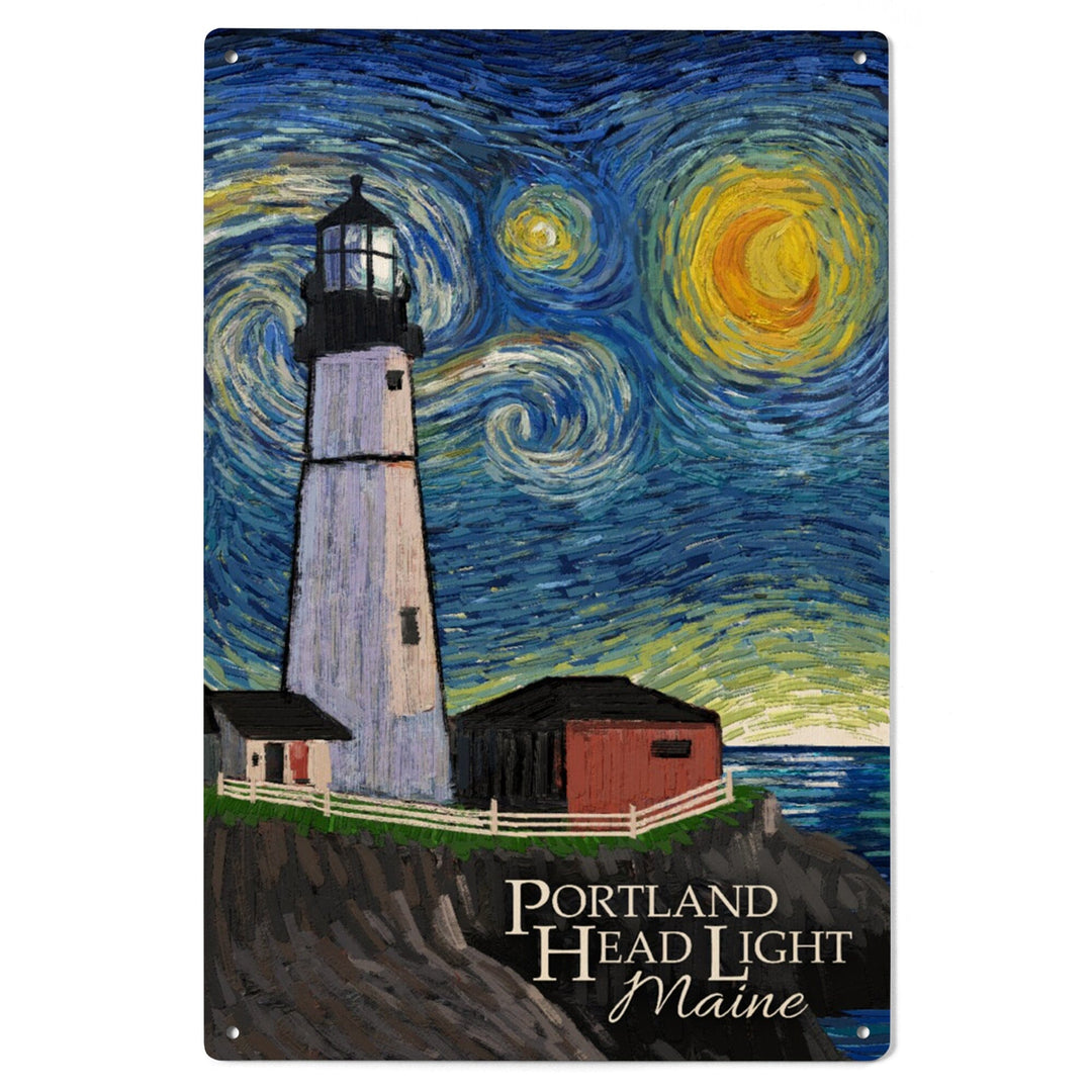 Portland Head Lighthouse, Maine, Starry Night, Lantern Press Artwork, Wood Signs and Postcards Wood Lantern Press