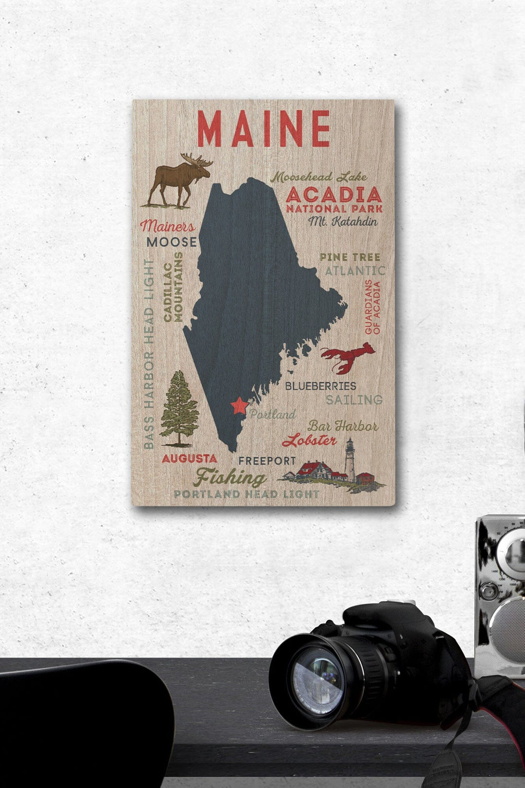 Portland, Maine, Typography & Icons, Lantern Press Artwork, Wood Signs and Postcards Wood Lantern Press 12 x 18 Wood Gallery Print