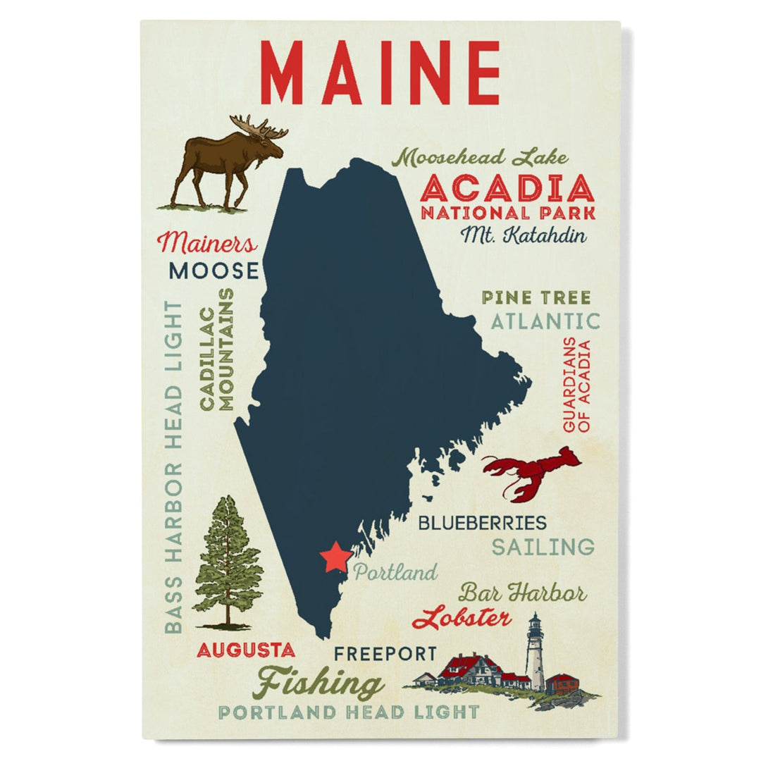 Portland, Maine, Typography & Icons, Lantern Press Artwork, Wood Signs and Postcards Wood Lantern Press